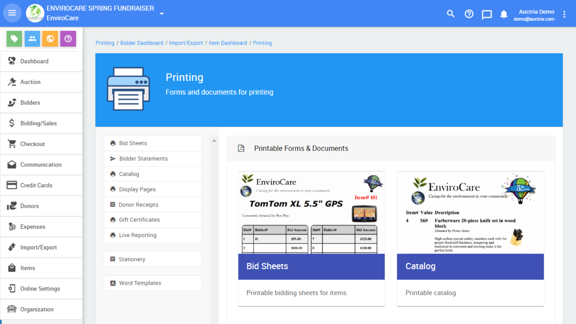 Auctria dashboard view as admin - first image