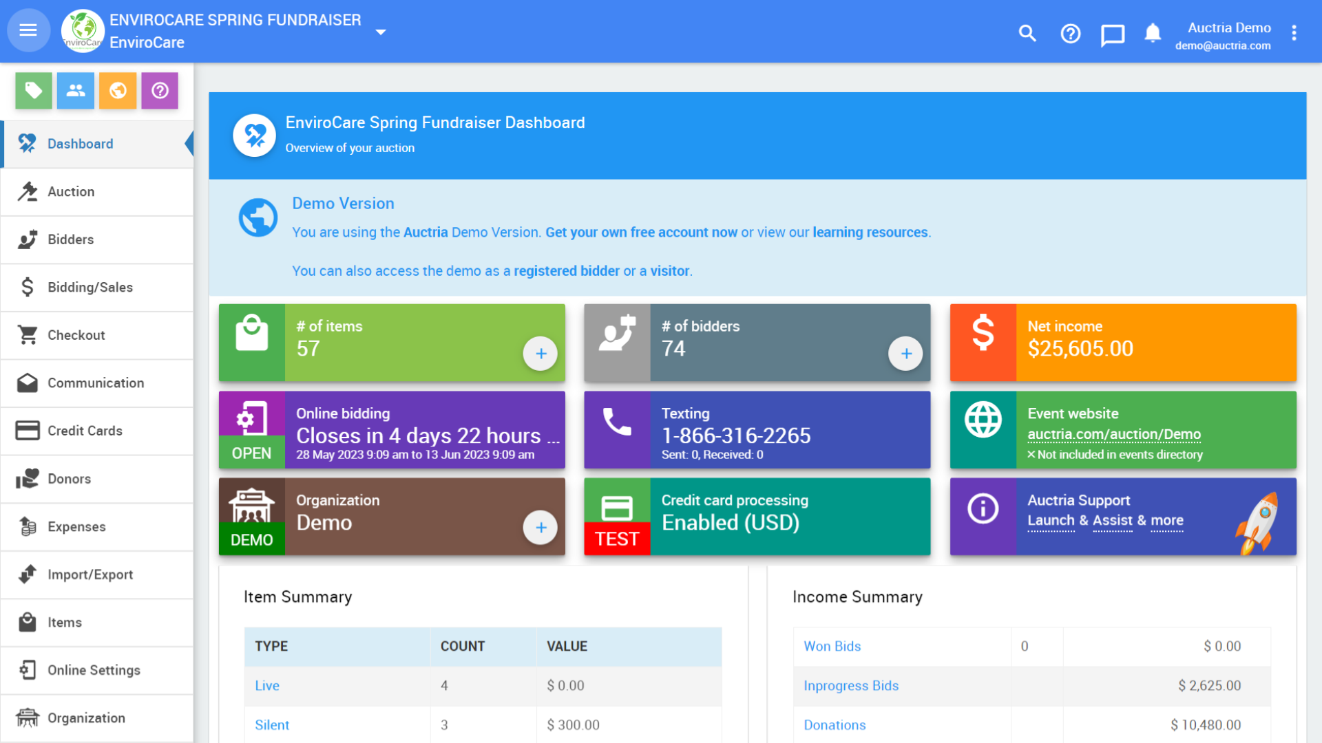 Auctria dashboard view as admin - third image