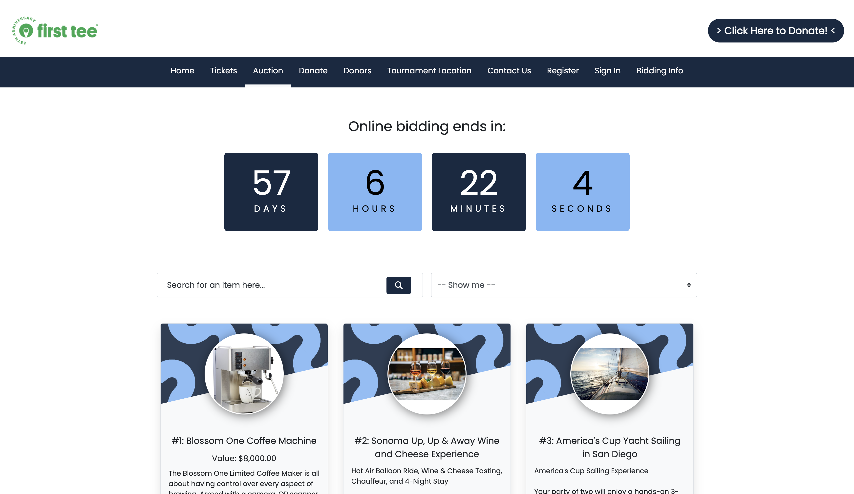 Auctria Event Website template with First Tee blue theme - second image