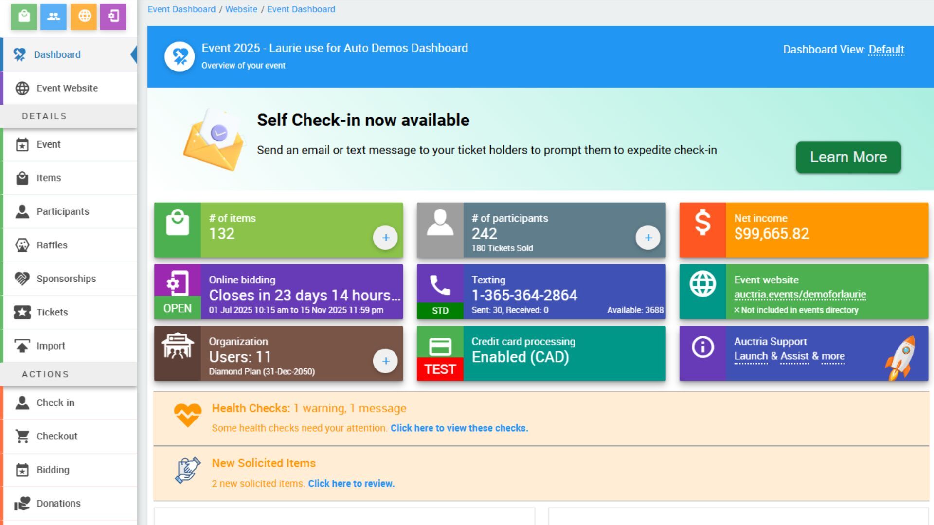 Auctria dashboard view as admin - first image
