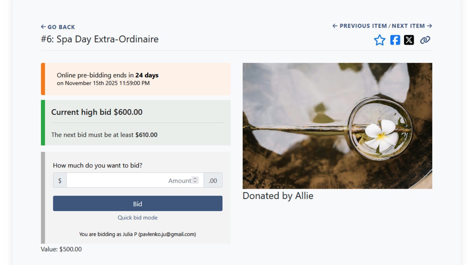 Auctria event website view as guest - third image